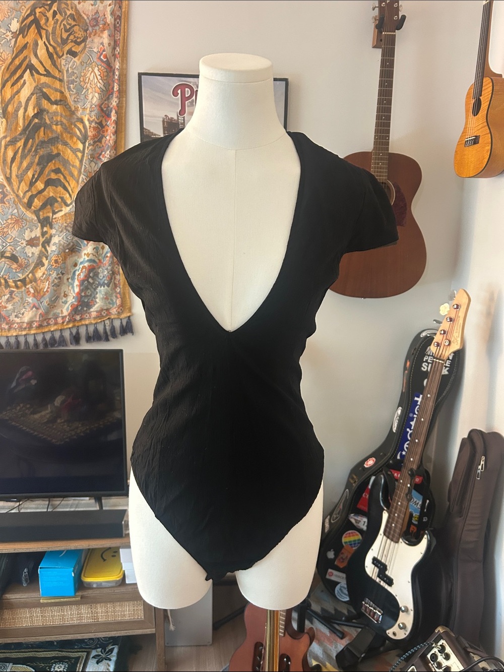 NWOT Free People Black Deep V Short Sleeve Women's Bodysuit